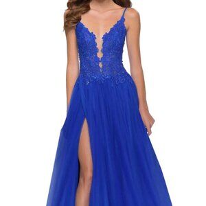 La Femme Royal Blue Floral Embroidered Illusion Plunge Tulle Ballgown
